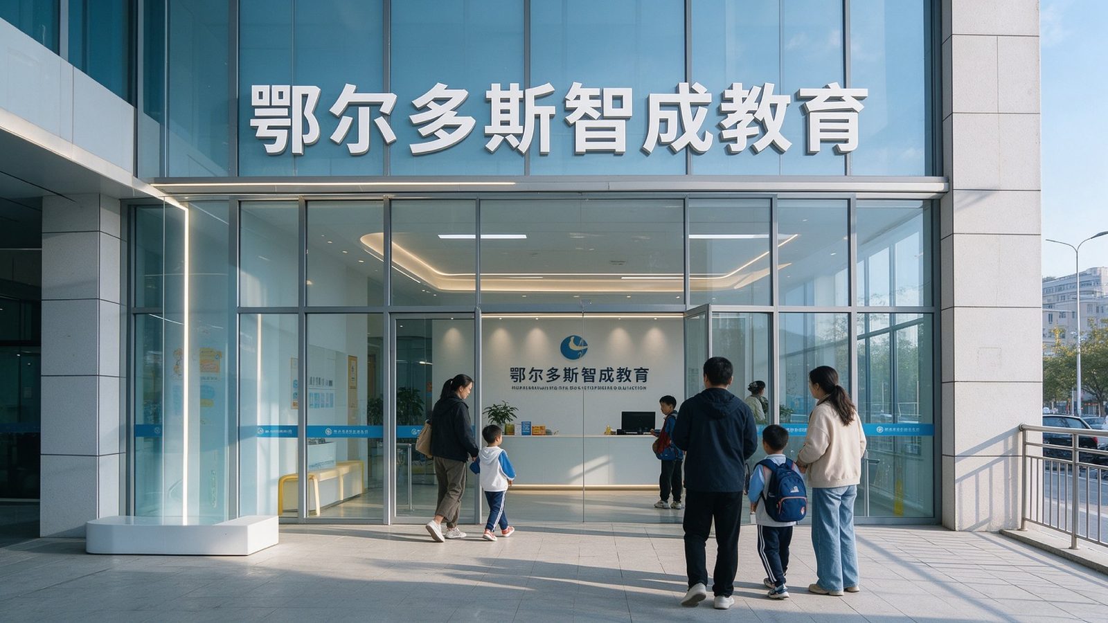 鄂尔多斯智成空间教育校区入口，临街玻璃门面